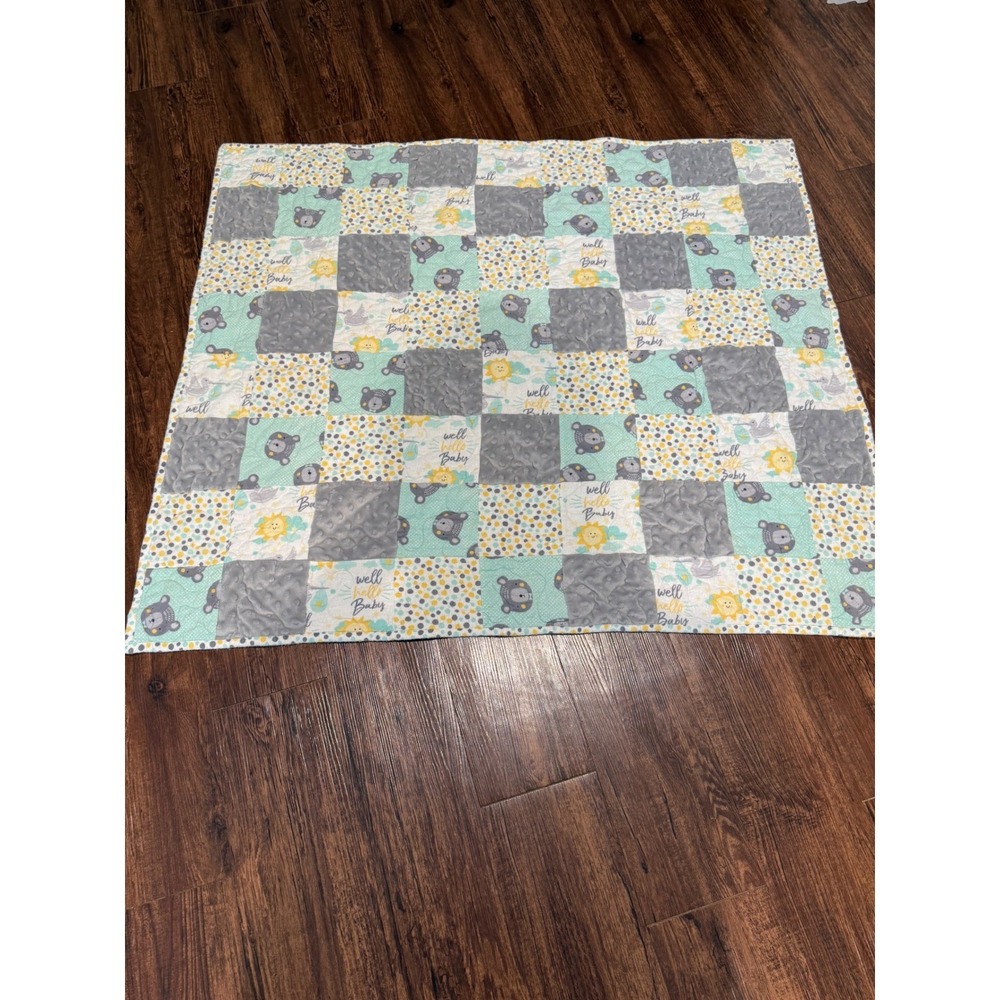 Patchwork Baby Blanket Quilt Squares Bear Lion Sun Nursery Decor Gift 44" x 37"